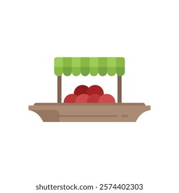 Simple vector illustration of a floating market boat selling produce with a green and white awning