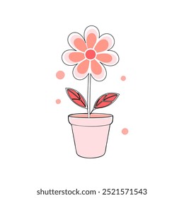 Una simple Ilustración vectorial de una flor en una maceta con acentos rojos y rosados. Perfecto para gráficos relacionados con la primavera, temas de decoración del hogar o contenido de jardinería...