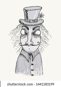 Simple Vector Illustration with Freaky Hand Drawn Magician with Moustaches and Top-Hat. Infantile Style Design for Card, Poster, Wall Art. Scary Weird Wizard Isolated on a Light Gray Background.