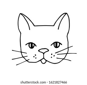 Simple vector illustration, freehand drawing with a black line, cute cat for kids design of stickers, tattoos, prints, cards. Feline cartoon face isolated on a white background.