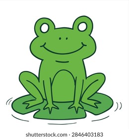 A simple vector illustration of a friendly green frog sitting on a water lily pad isolated on white background