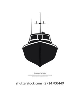 Simple vector illustration of a front-facing fishing boat, showcasing its iconic silhouette with mast and antennas.