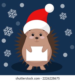 simple vector illustration funny cartoon hegdehog in Christmas hat with paper 