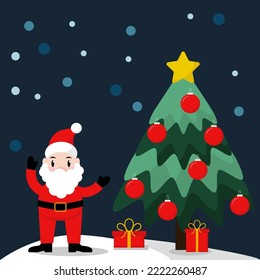 simple vector illustration funny Santa Claus, tree and gifts