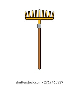 Ilustración vectorial sencilla de un rastrillo de jardín con mango de madera y cabeza amarilla