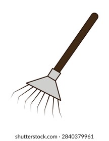 A simple vector illustration of a garden rake with a wooden handle and metal tines on a white background.
