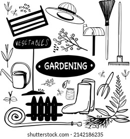 Simple vector illustration.
Gardening elements on the theme of the garden, garden tools, agriculture, equipment, harvest.  Sketches for use in design. Outline icons collection.