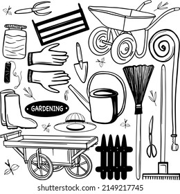 Simple vector illustration. Gardening elements on the theme of garden, garden tools, agriculture, equipment, harvest. Sketches for use in design. Outline icons collection.
