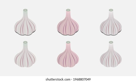 Simple vector illustration of garlic of different shades with shadow and without on a white background.