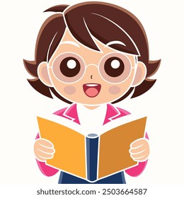 A simple vector illustration of a girl with big eyes holding a book, perfect for educational products, children's content, and learning resources.