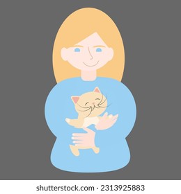 simple vector illustration girl with cat in hands