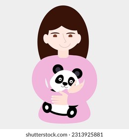 simple vector illustration girl with panda in hands