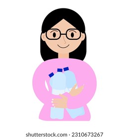 Niña simple de ilustración vectorial con botellas plásticas