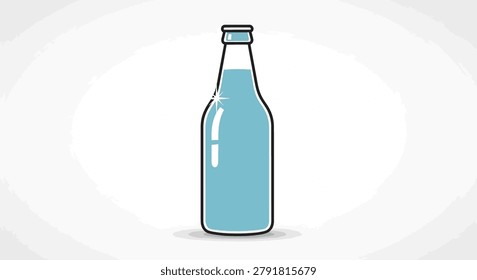 Simple vector illustration of a glass bottle containing a refreshing blue beverage, isolated on a white background for versatile design use.