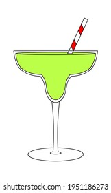 Simple vector illustration of a glass with a green cocktail and a white red striped straw. The element is isolated on a white background. Can be used as a sticker, icon, logo.