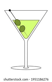 Simple vector illustration of a glass with a green cocktail and olives on a skewer. The element is isolated on a white background. Can be used as a sticker, icon, logo.