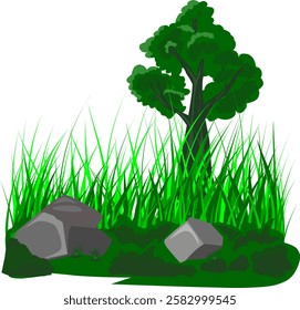 A simple vector illustration of grass and a tree with clean lines and minimal details. The tree stands tall with lush leaves, while the grass adds a natural, fresh touch.