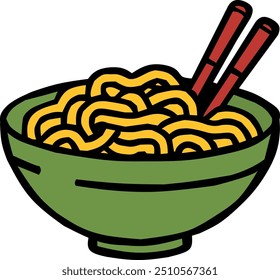 Simple vector illustration of a green bowl of noodles with chopsticks, perfect for restaurant menus, food blogs, or culinary branding designs.