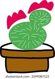A simple vector illustration of a green cactus in a brown pot with red flowers on top