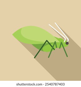 Ilustración vectorial simple de un insecto de grillo verde con antenas largas de pie sobre un fondo marrón claro