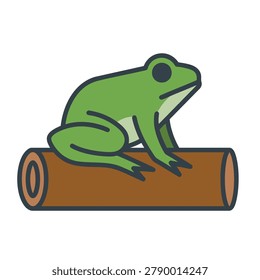 Simple vector illustration of a green frog resting on a horizontal brown log with a flat design style