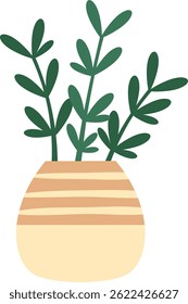 Simples ilustração vetorial de uma planta verde com caules longos e folhas pequenas crescendo em um vaso bege com listras horizontais, representando decoração de casa e conceitos de jardinagem