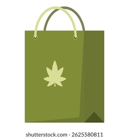Simples ilustração vetorial de um saco de compras verde com um logotipo de folha de cannabis, representando dispensários legais de maconha