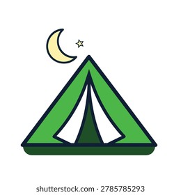 Simple vector illustration of a green triangular tent for camping under a night sky with a moon and a star symbol