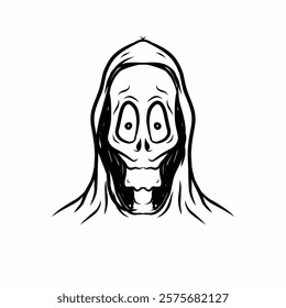 Simple vector illustration of a grim reaper style skull with a hood, drawn in a clean and minimalist black and white line art style