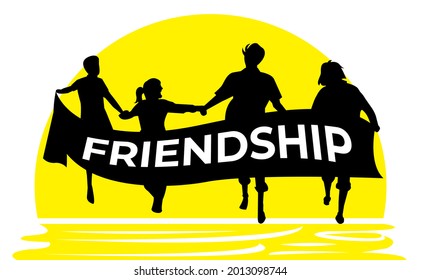 Simple vector illustration. Group of people running hand in hand towards the sun. A Friendship. Strong bond. Close friends. Happy Friendship day. Friendship day.