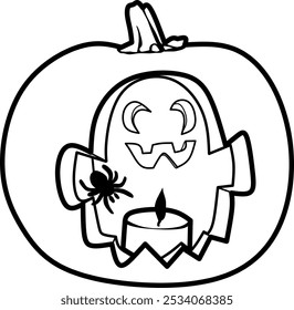 Simple vector illustration of a Halloween pumpkin lamp featuring a ghost carving, a flickering candle inside, and a spider for added spooky effect
