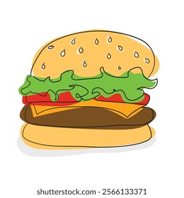 Simple Vector Illustration of a Hamburger with Sesame Bun, Lettuce, Tomato, Cheese, and Patty