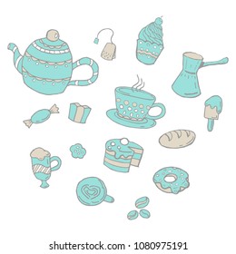 Simple vector illustration of hand drawn sweets bakery cafe coffee drinks doodles.