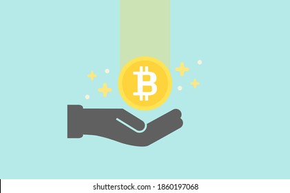 Simple Vector Illustration of a hand holding gold bitcoin on isolated light blue background.  Earning, Making a profit, Accumulate, or Sales promotion concept.