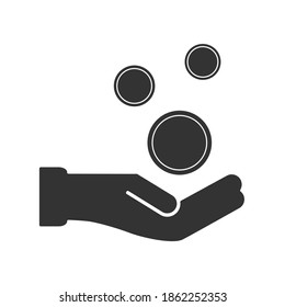 Einfache Vektorgrafik einer Hand, die Plain 3 Münzen auf isoliertem weißem Hintergrund hält, Eine Farbe. Sammelpunkte, Geldsparen, Kumulierung oder Verkaufsförderungskonzept.