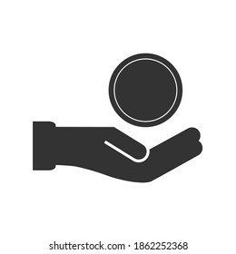 Ilustración vectorial simple de una mano sosteniendo moneda lisa sobre fondo blanco aislado, Un color. Puntos de ganancia, concepto de ahorro de dinero, acumulación o promoción de ventas.