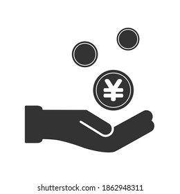 Simple Vector Ilustración de una mano sosteniendo, monedas japonesas Yen en un fondo blanco aislado, Un color. Ganar dinero, Ahorro, Acumular o Concepto de promoción de ventas.