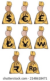 Simple vector illustration of a hand holding money bag. A sack. Economy and financial. Business profit. Give alms. Kind and generous. Body part. Currencies of various countries. Flat vector bundle.