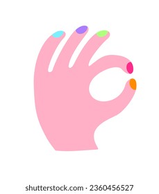 Simple Vector Illustration with Hand in the OK Gesture. Pink Human Palm with Colorful Nails isolated on a White Background. Funny Infantile Style Print with Okey Sign ideal for Poster, Wall Art, Card.
