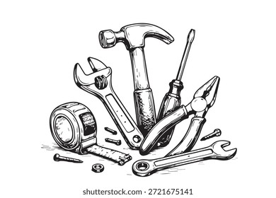 Simple vector illustration of hand tools including adjustable wrench, pliers, hammer, and measuring tape, clean minimal style representing repair work, craftsmanship, precision, and practical workshop tools.