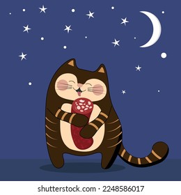 simple vector illustration happy cat with sausage