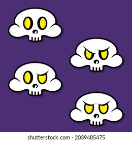 Simple vector illustration of Head Skull with many expression on purple background. Halloween Party. 31 October.