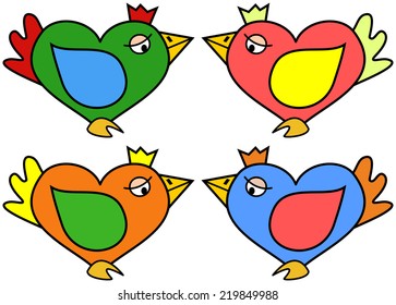 Simple vector illustration of heart shaped bird in four color variations - green, red, orange and blue