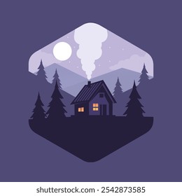 simple vector illustration of a house with a chimney in a night setting with a view of mountains and starry sky