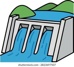 A simple vector illustration of a hydroelectric dam with water flowing through spillways, set against a backdrop of green hills.