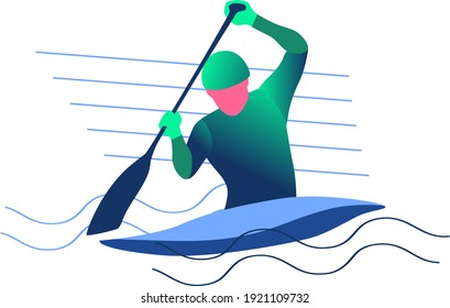 Simple vector illustration icon in flat minimalist style, in bright blue colors. Canoe sportsman with oar training or competing in some championship. 