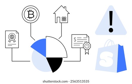 Simple vector illustration including a pie chart, Bitcoin symbol, house, documents, exclamation mark, and shopping bag. Ideal for finance, cryptocurrency, real estate, documentation, and e-commerce