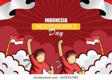 Eine einfache Vektorgrafik für den Indonesischen Unabhängigkeitstag, die drei handgezeichnete junge Menschen zeigt, die mit erhobenen Armen feiern