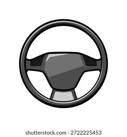 Simple vector illustration of an isolated automotive steering wheel, symbolizing driving, control, navigation, transportation, and independent travel on the road