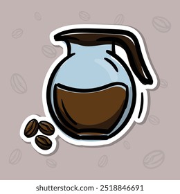 Simple vector illustration of a jug with coffee and coffee beans. Hand drawn illustration for sticker, emblem, label, price tag. Colored casual icon for the design of a cafe, restaurant